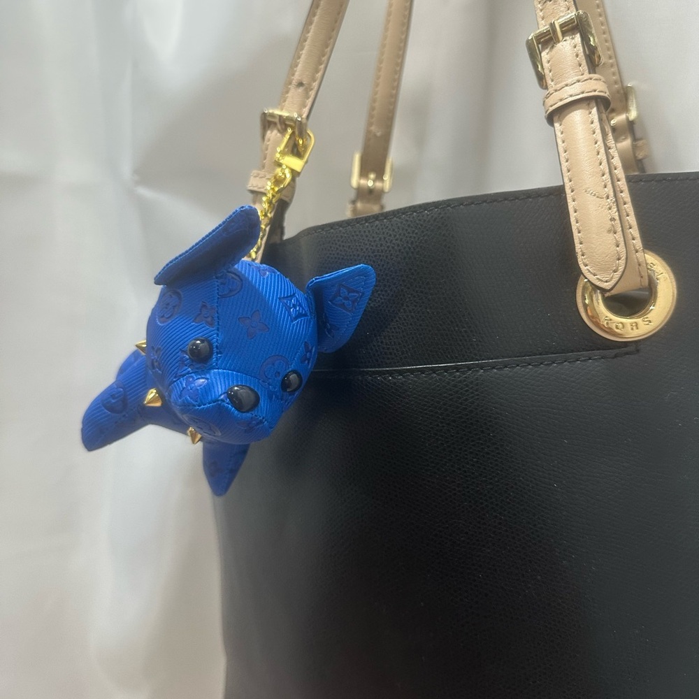 Royal blue French bulldog, purse, charm Handbag with gold accessories NWT